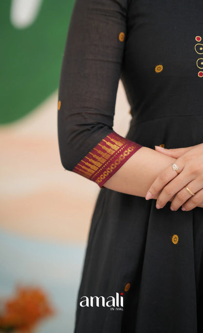 Black and Reddish maroon Narayanpet Cotton Anarkali - Anarkalis
