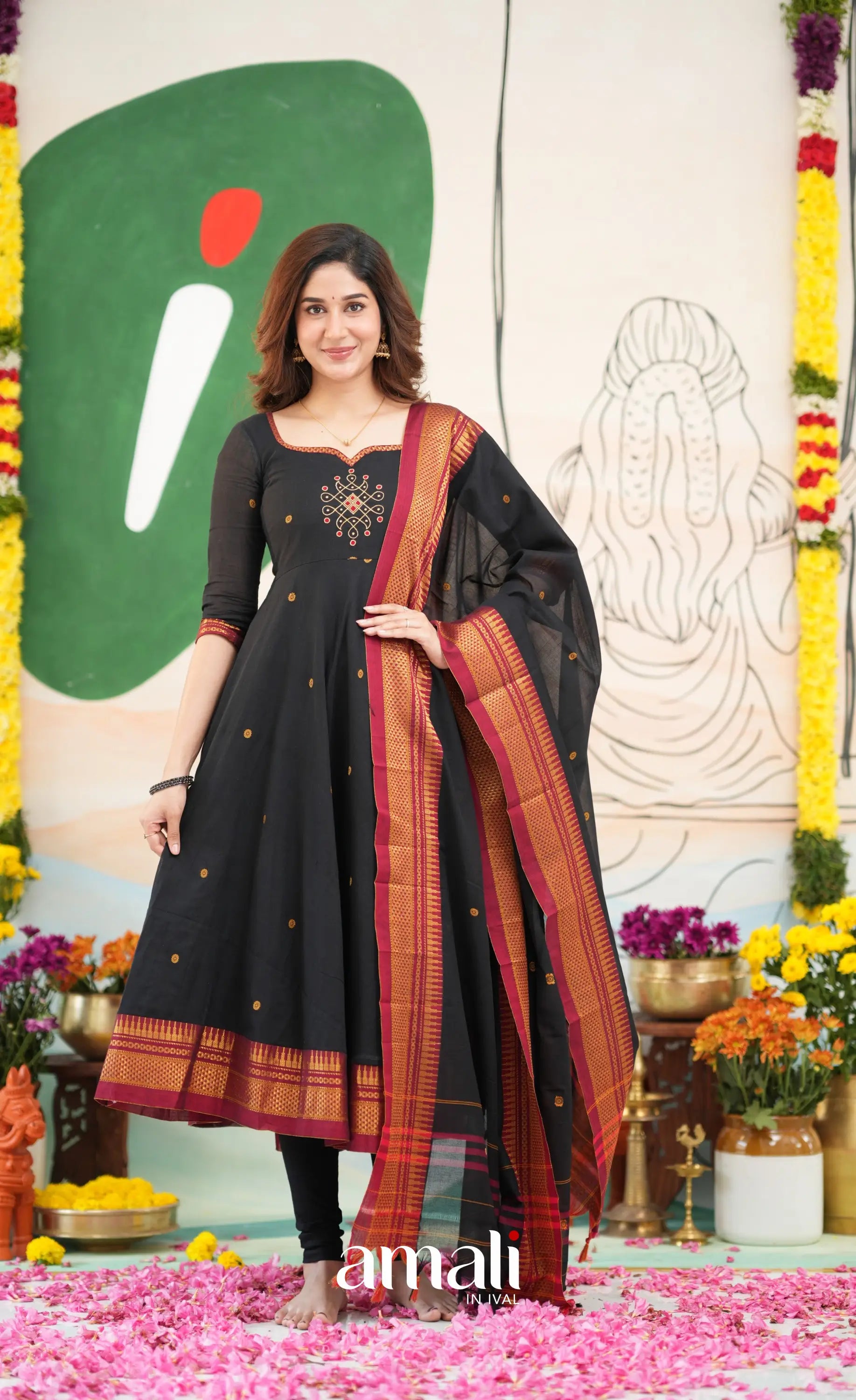 Black and Reddish maroon Narayanpet Cotton Anarkali - Anarkalis