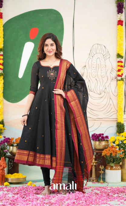 Black and Reddish maroon Narayanpet Cotton Anarkali - Anarkalis