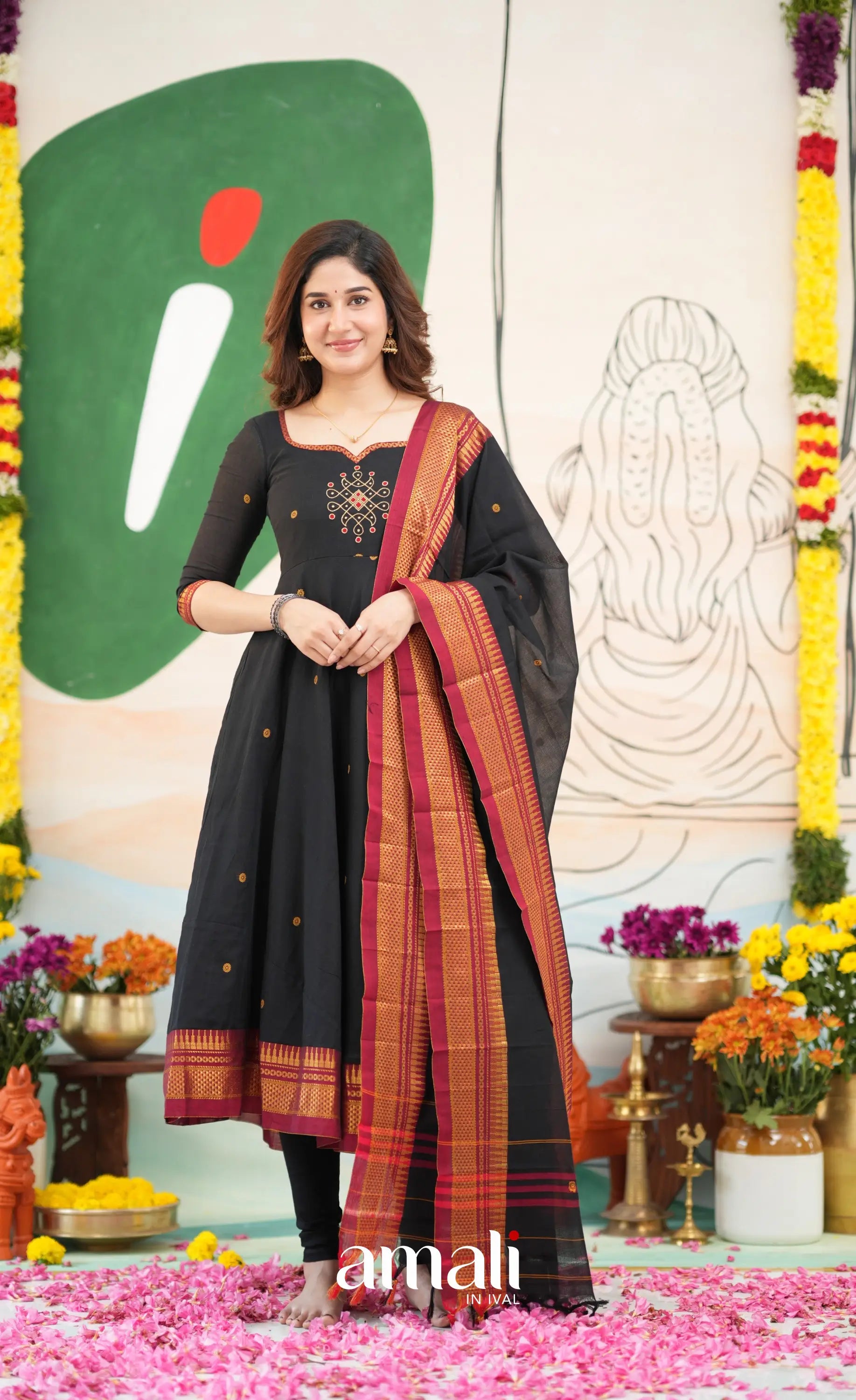 Black and Reddish maroon Narayanpet Cotton Anarkali - Anarkalis
