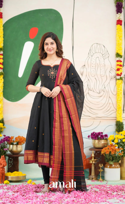 Black and Reddish maroon Narayanpet Cotton Anarkali - Anarkalis