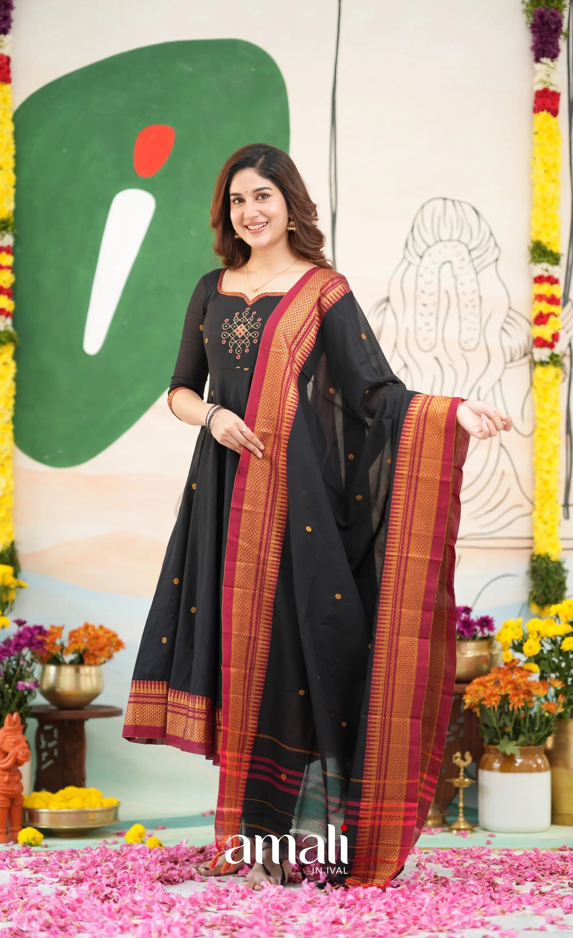 Black and Reddish maroon Narayanpet Cotton Anarkali - Anarkalis