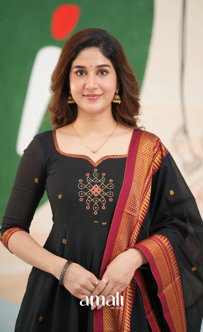 Black and Reddish maroon Narayanpet Cotton Anarkali - Anarkalis