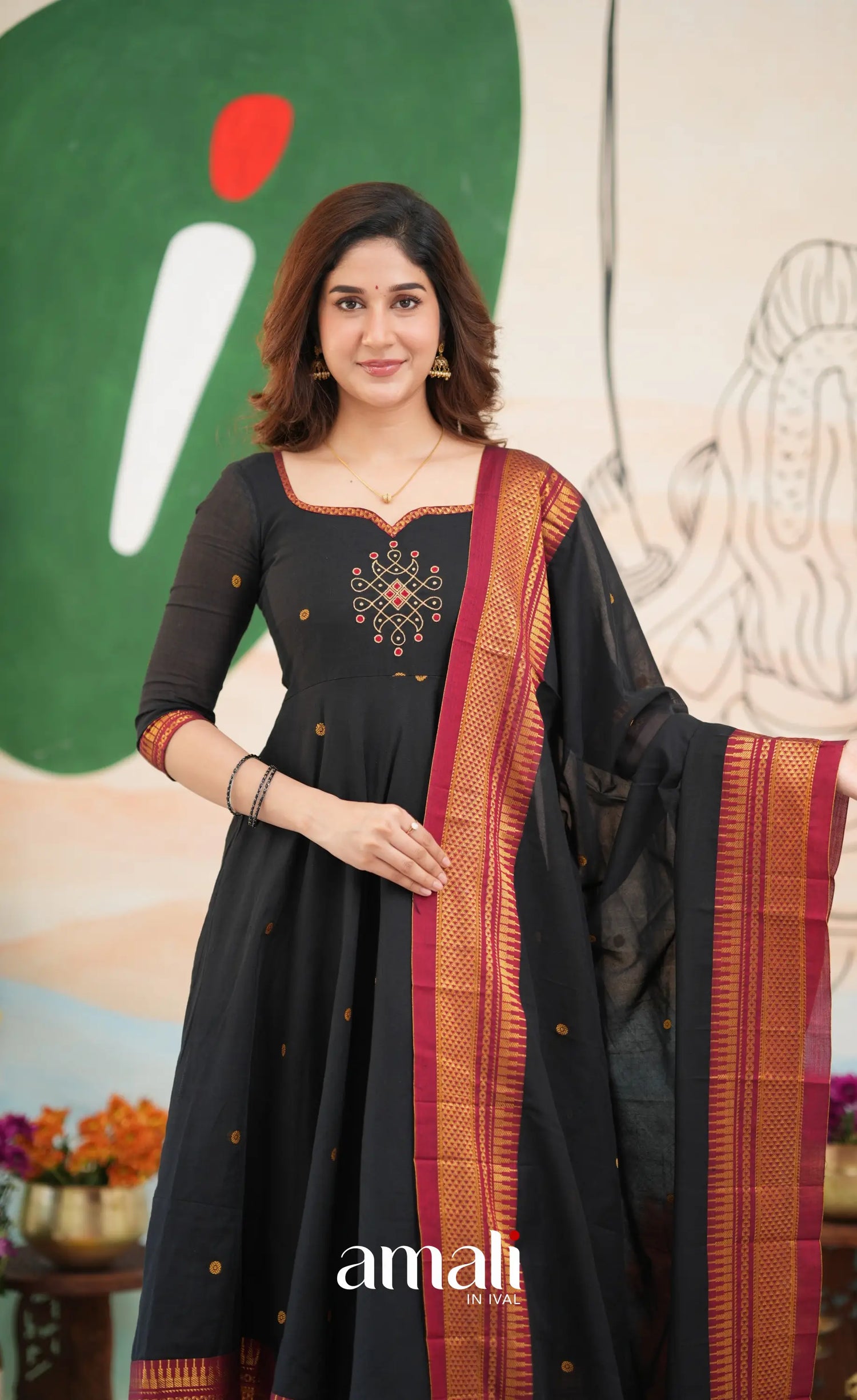 Black and Reddish maroon Narayanpet Cotton Anarkali - Anarkalis