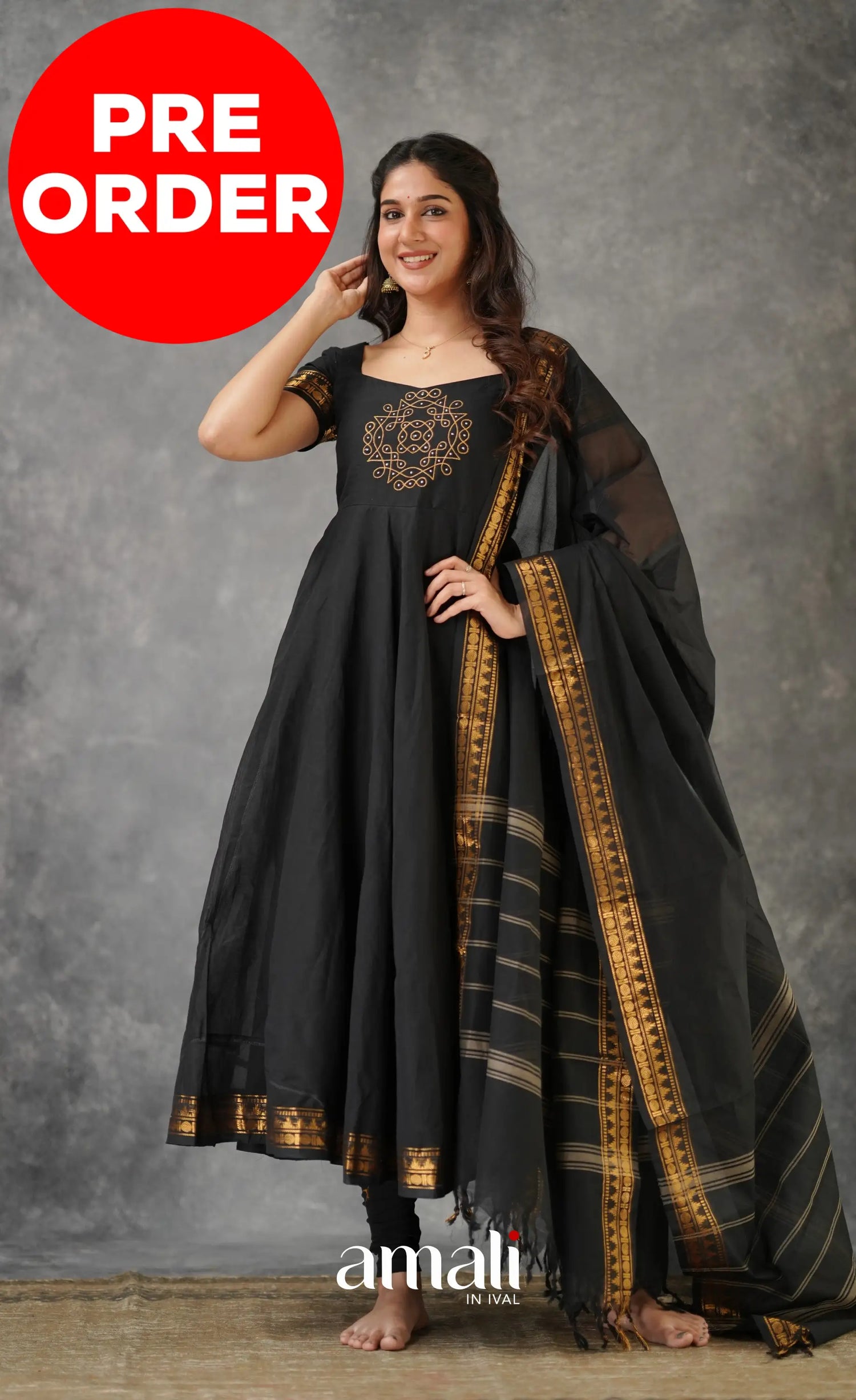 Black Chettinad Cotton Anarkali Anarkalis