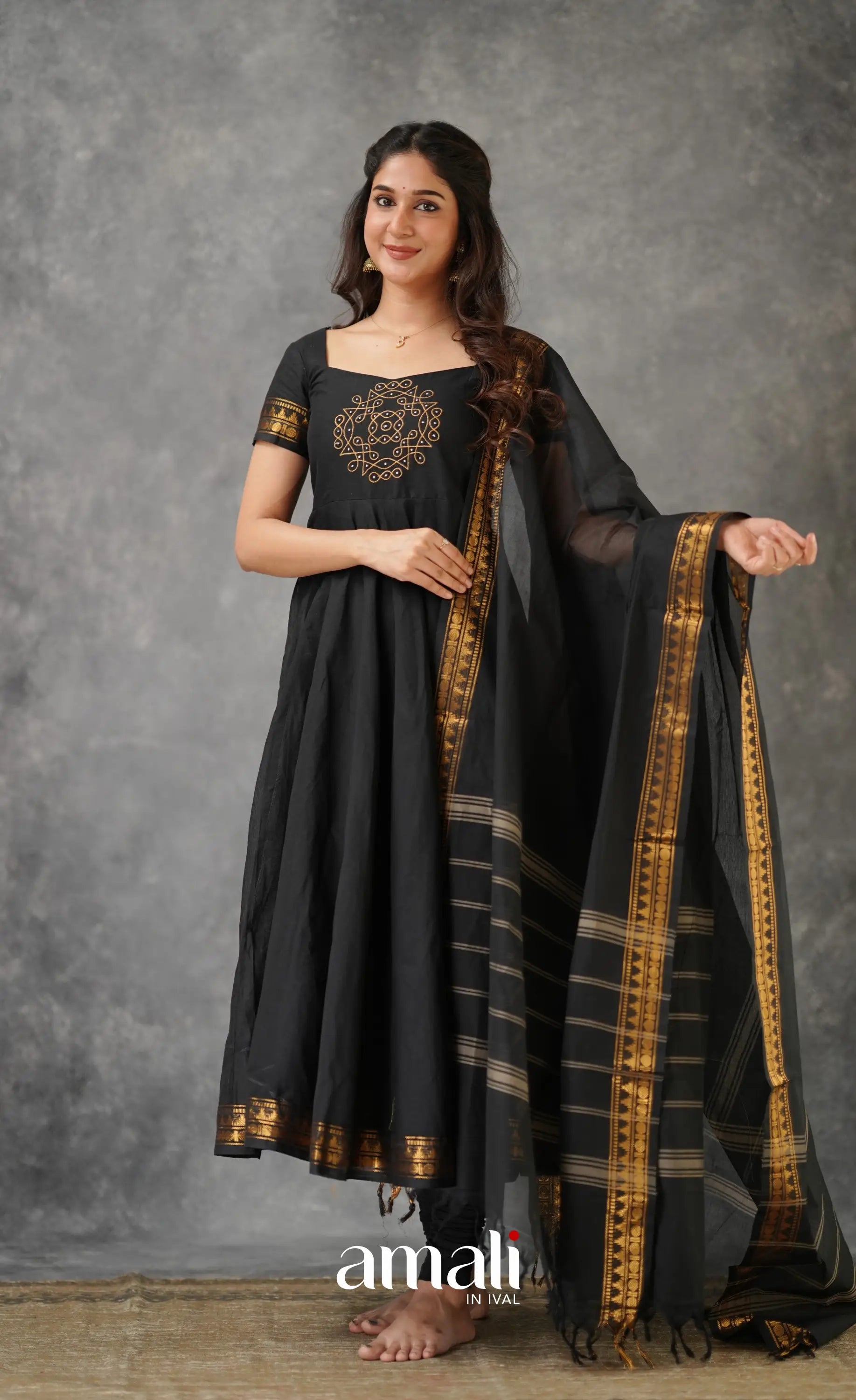 Black Chettinad Cotton Anarkali Anarkalis