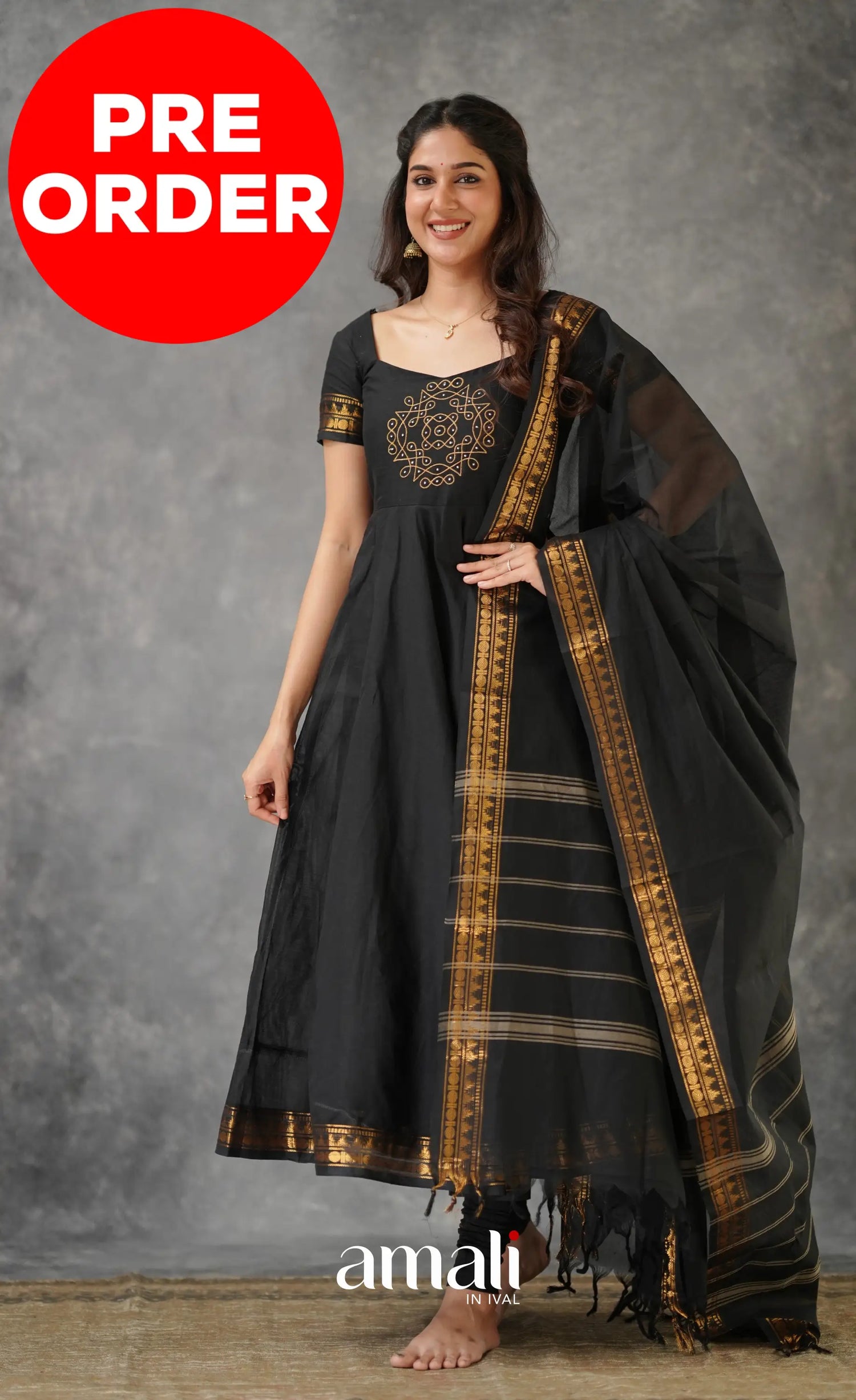 Black Chettinad Cotton Anarkali Anarkalis