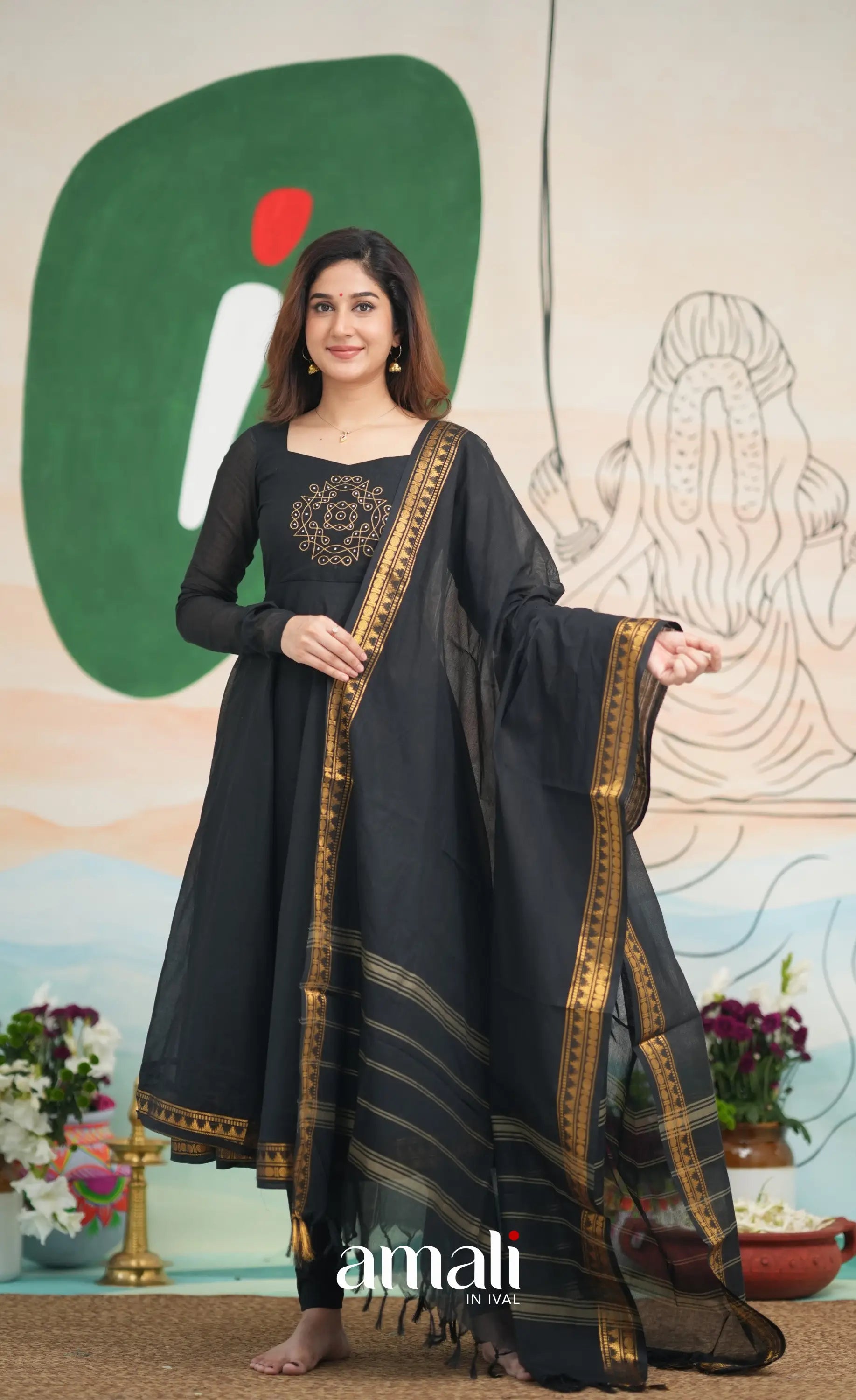 Black Kolam Cotton Anarkali Anarkalis