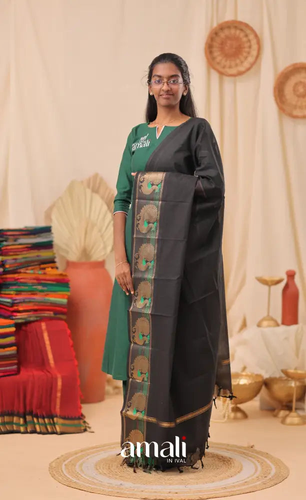 Black With Green Chettinad Cotton Dupatta salwar
