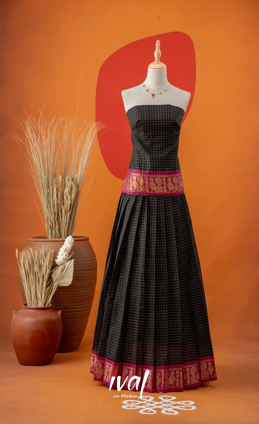 Black with Magenta Pink Semi-Stitched Cotton Halfsaree Half Sarees