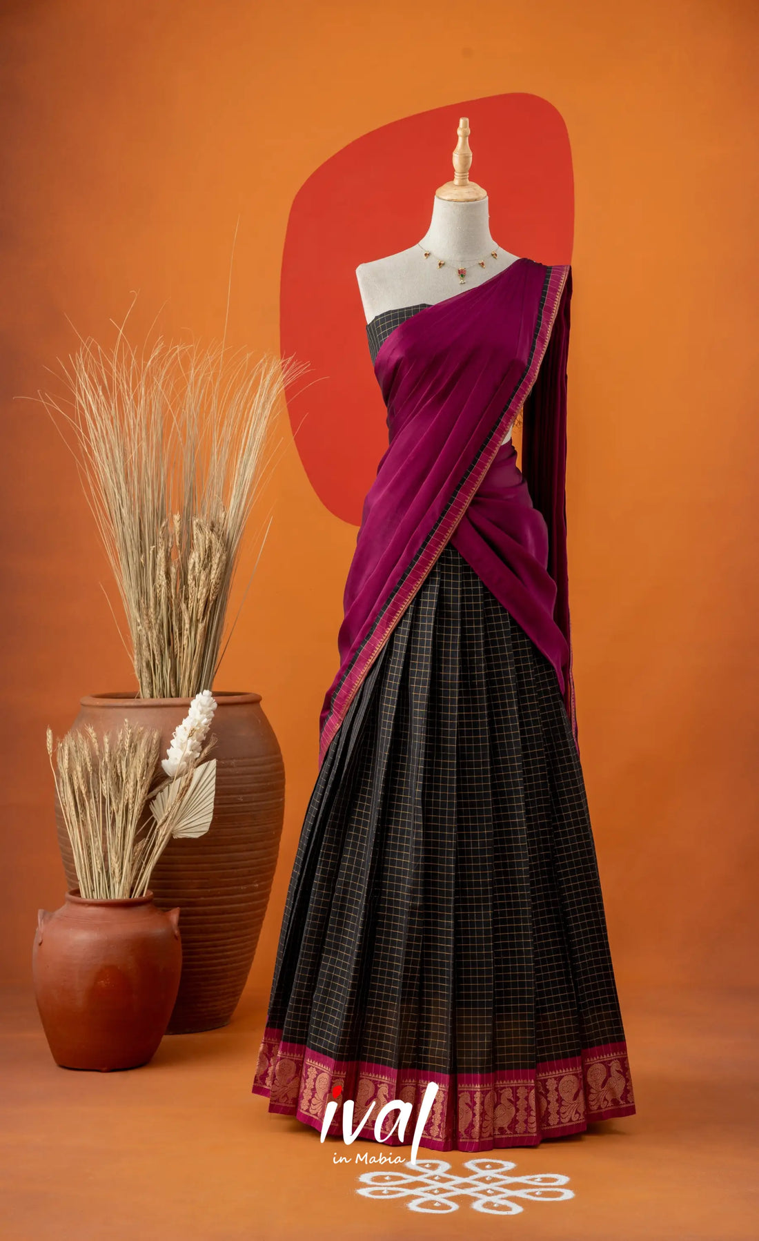 Black with Magenta Pink Semi-Stitched Cotton Halfsaree Half Sarees