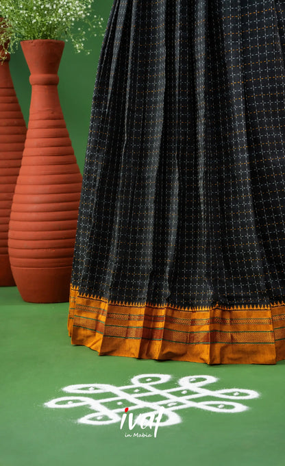 Black with Mustard Yellow Semi-Stitched Blended Silk Halfsaree Half Sarees