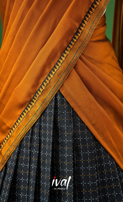 Black with Mustard Yellow Semi-Stitched Blended Silk Halfsaree Half Sarees