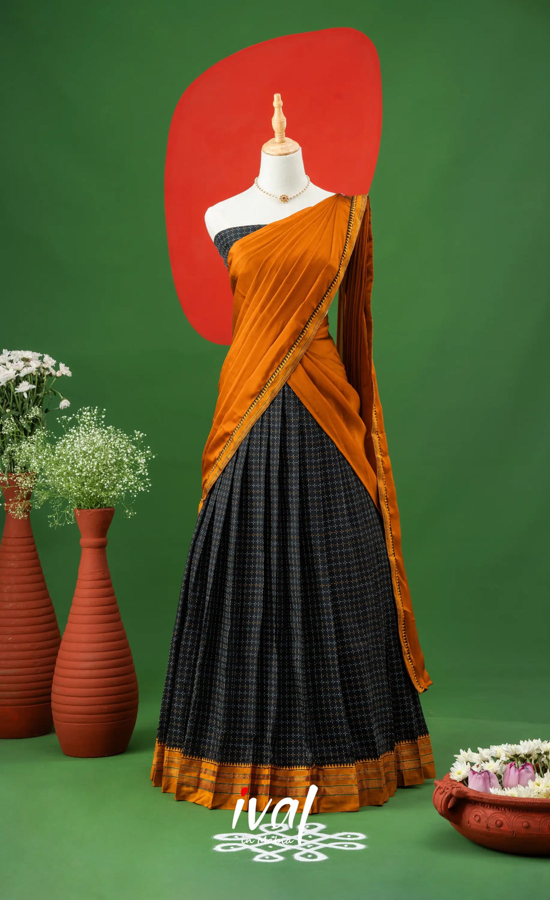 Black with Mustard Yellow Semi-Stitched Blended Silk Halfsaree Half Sarees
