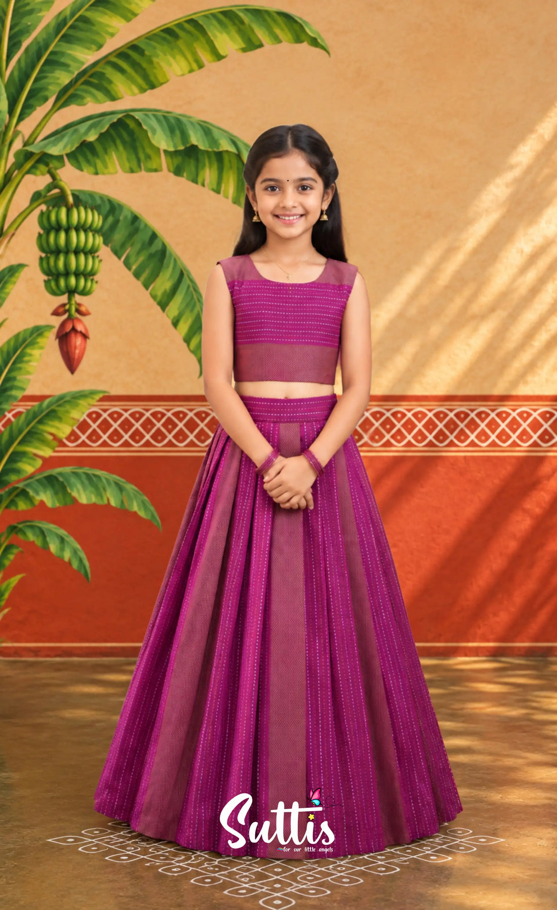 Blended Silk Crop Top and Skirt- Magenta - Kids-Suttis