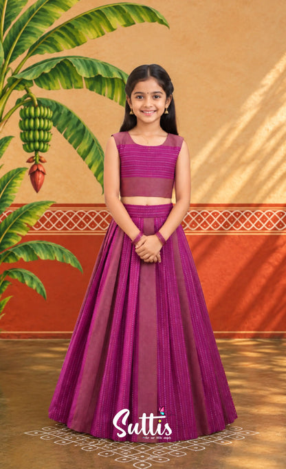 Blended Silk Crop Top and Skirt- Magenta - Kids-Suttis