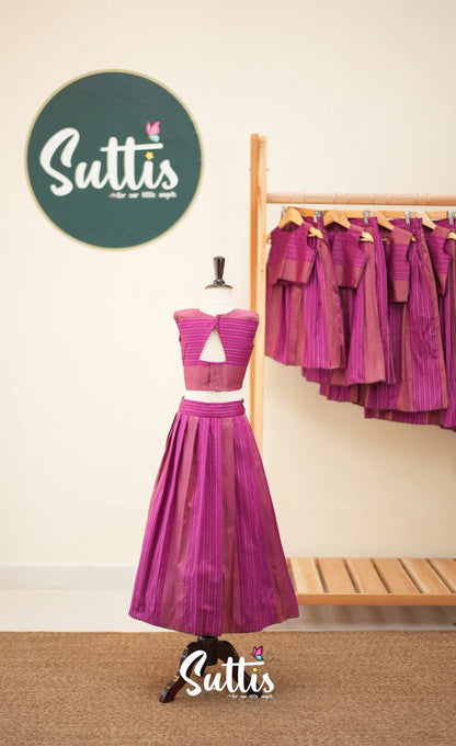 Blended Silk Crop Top and Skirt- Magenta - Kids-Suttis