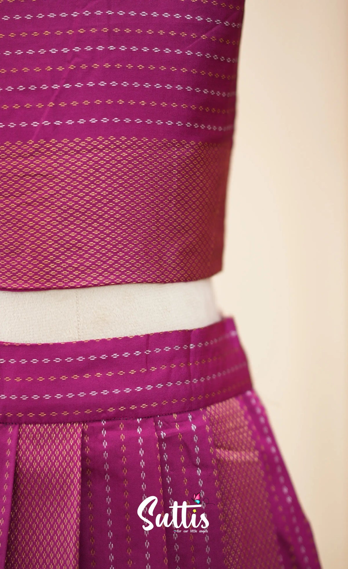 Blended Silk Crop Top and Skirt- Magenta - Kids-Suttis