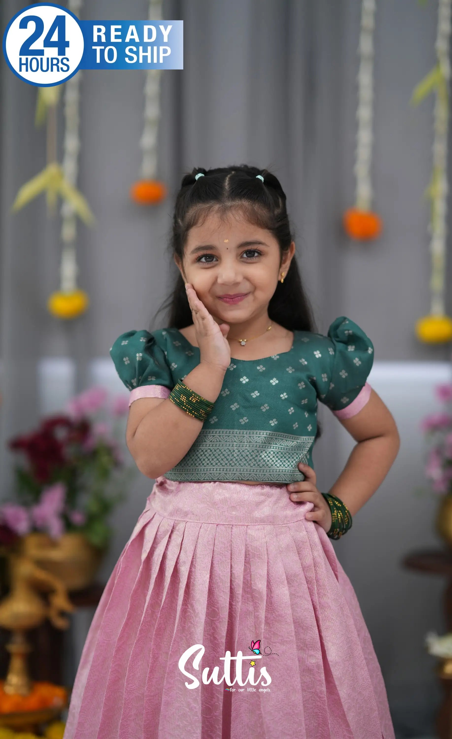 Blended Silk Croptop &amp; Skirt Light Pink and Bottle Green Kids Suttis