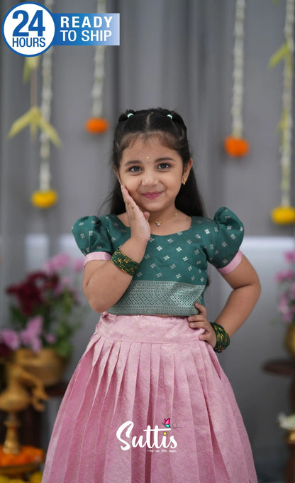 Blended Silk Croptop &amp; Skirt Light Pink and Bottle Green Kids Suttis