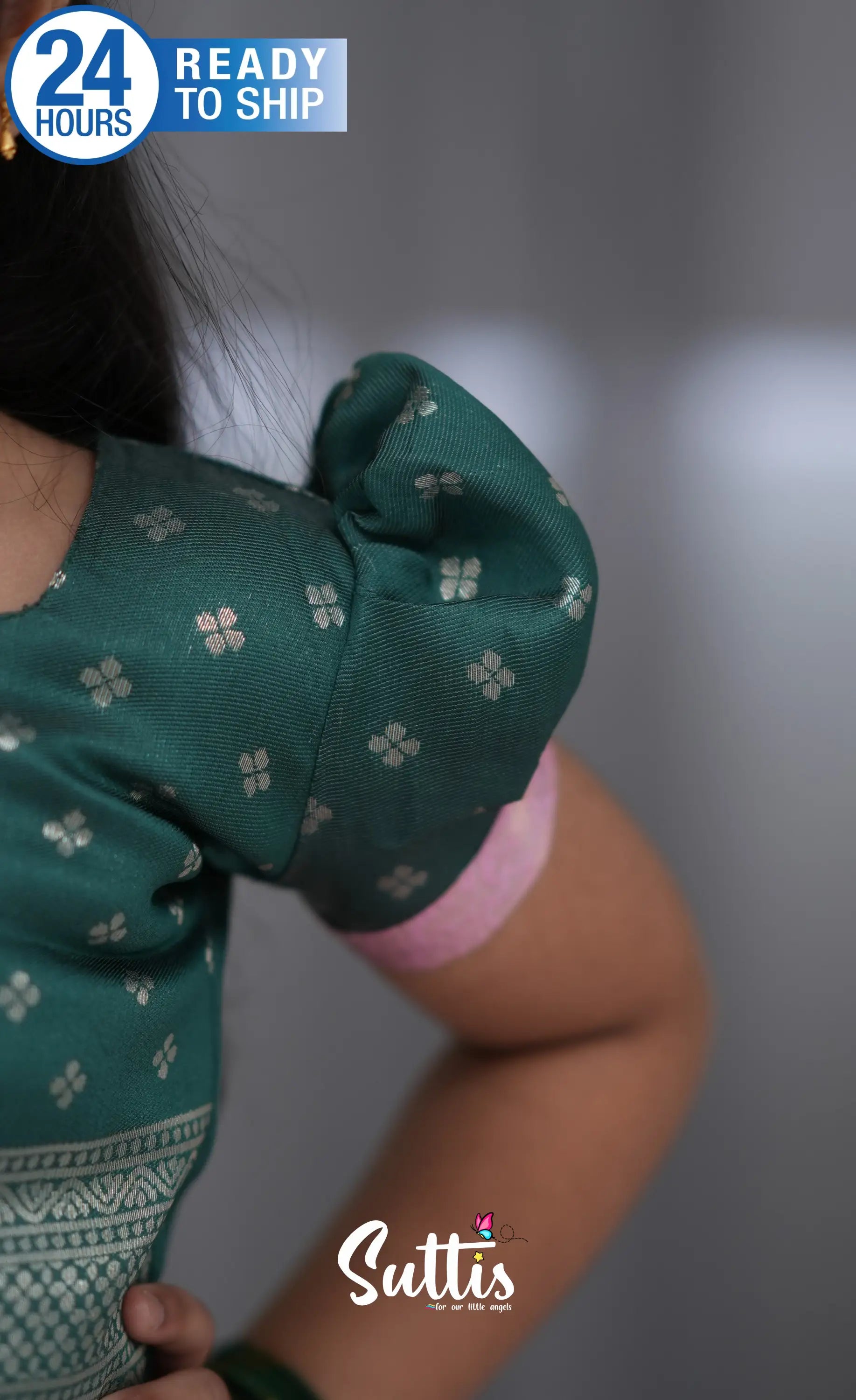 Blended Silk Croptop &amp; Skirt Light Pink and Bottle Green Kids Suttis