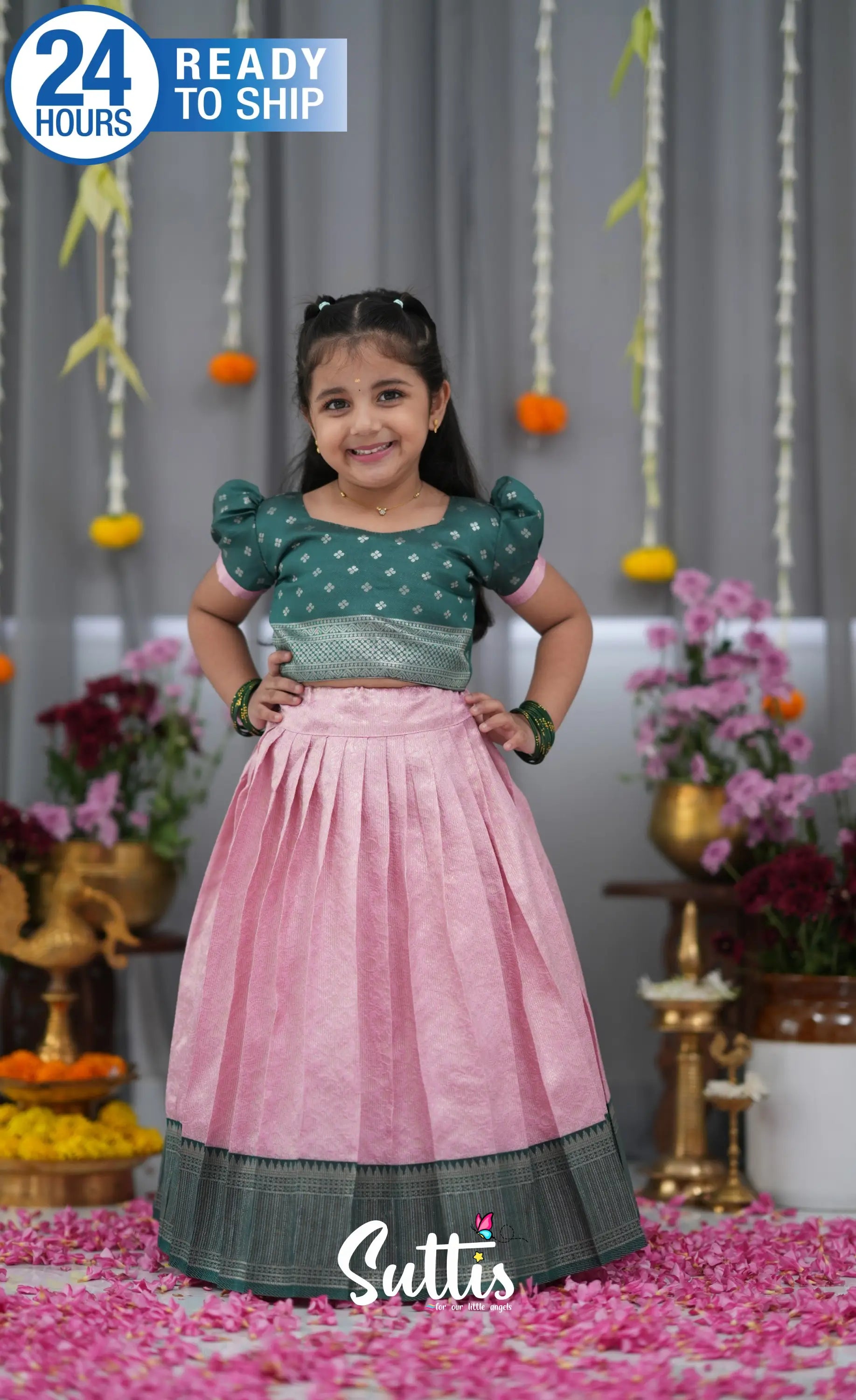 Blended Silk Croptop &amp; Skirt Light Pink and Bottle Green Kids Suttis