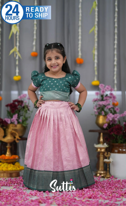 Blended Silk Croptop &amp; Skirt Light Pink and Bottle Green Kids Suttis