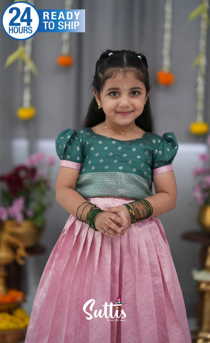 Blended Silk Croptop &amp; Skirt Light Pink and Bottle Green Kids Suttis