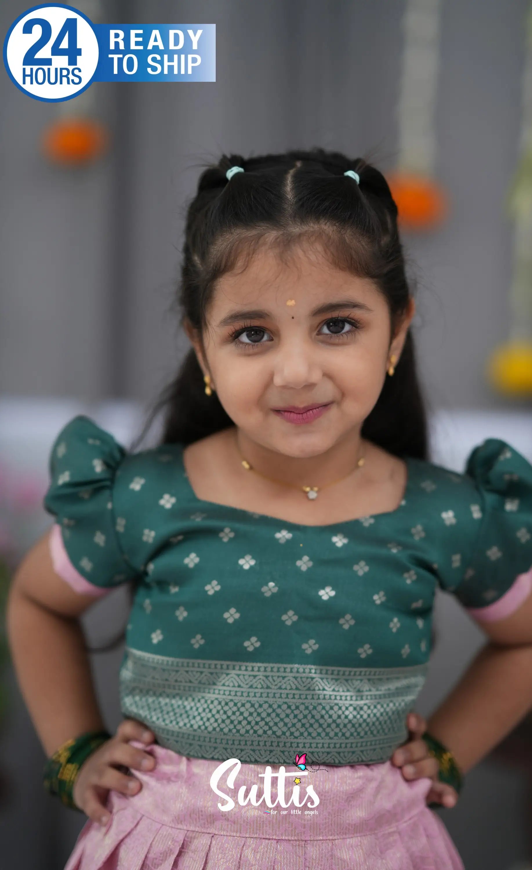 Blended Silk Croptop &amp; Skirt Light Pink and Bottle Green Kids Suttis