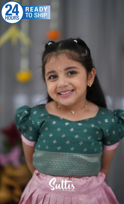 Blended Silk Croptop &amp; Skirt Light Pink and Bottle Green Kids Suttis