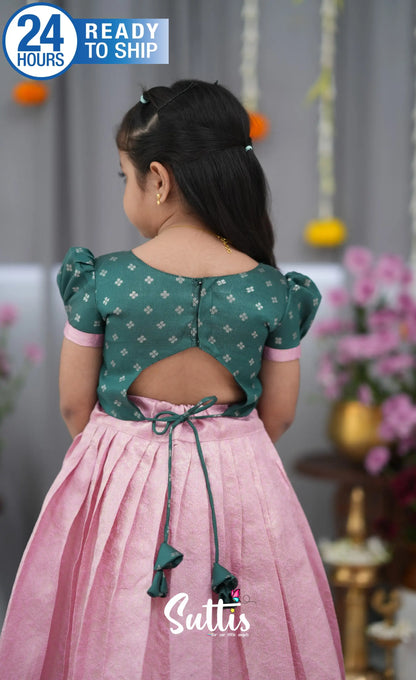 Blended Silk Croptop &amp; Skirt Light Pink and Bottle Green Kids Suttis