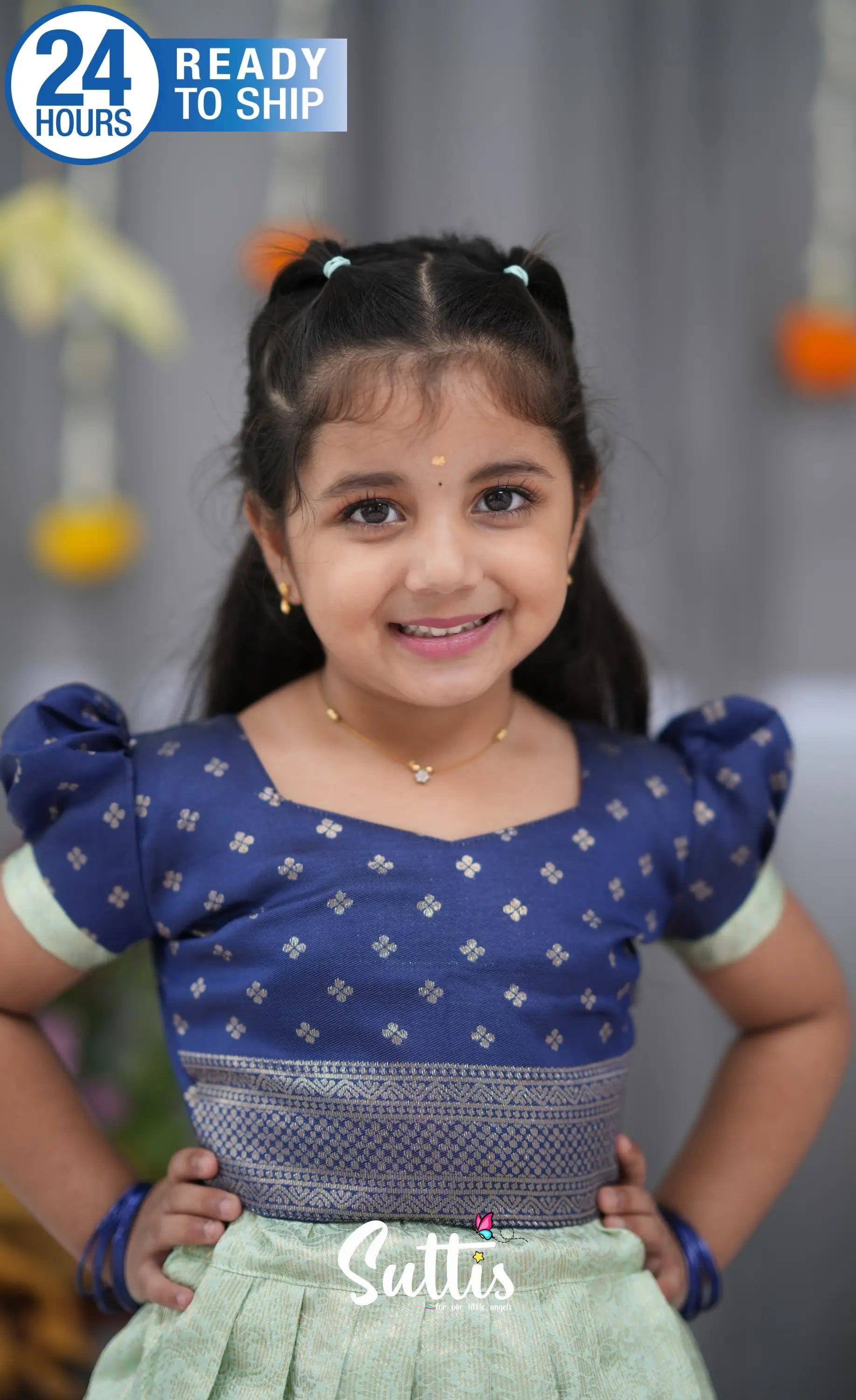 Blended Silk Croptop &amp; Skirt Pastel Blue and Dark Blue Kids Suttis