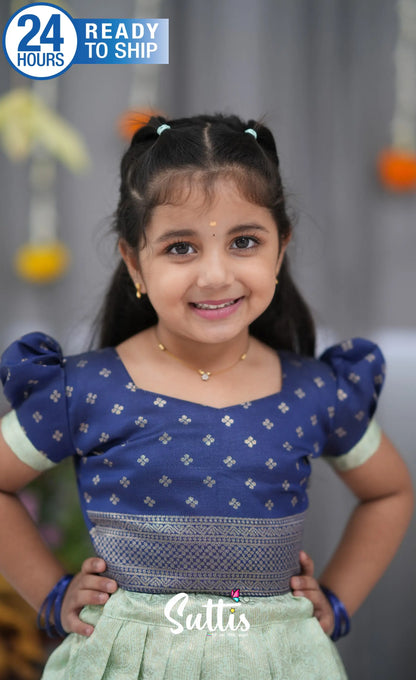 Blended Silk Croptop &amp; Skirt Pastel Blue and Dark Blue Kids Suttis