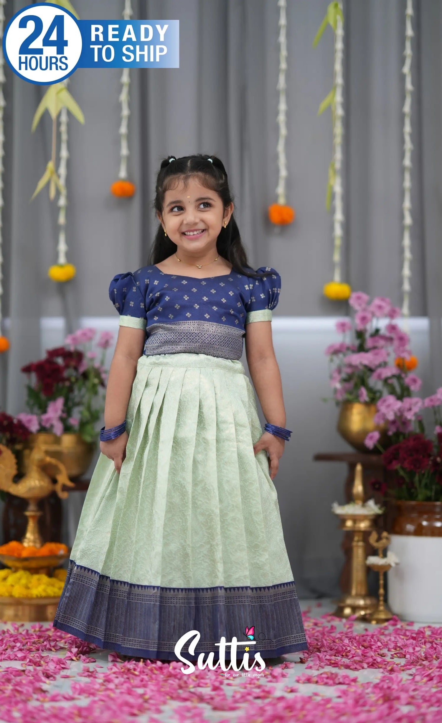 Blended Silk Croptop &amp; Skirt Pastel Blue and Dark Blue Kids Suttis