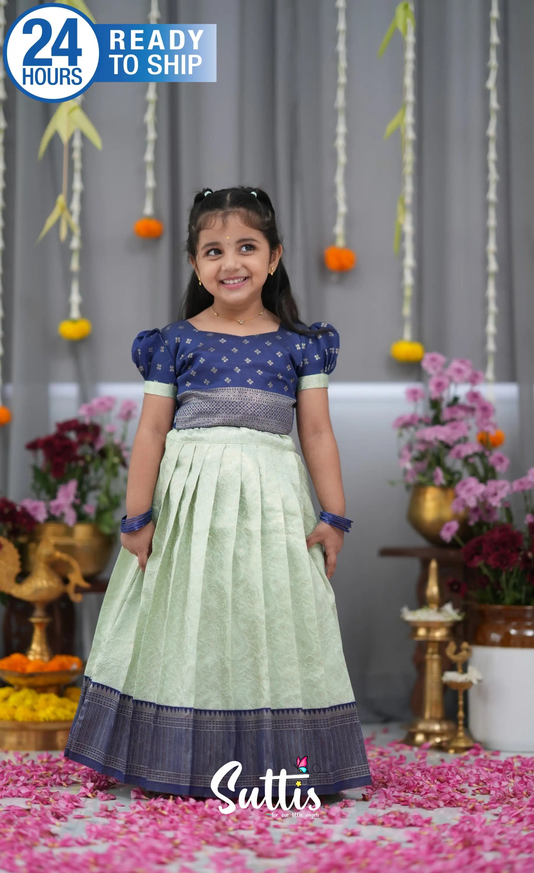 Blended Silk Croptop &amp; Skirt Pastel Blue and Dark Blue Kids Suttis