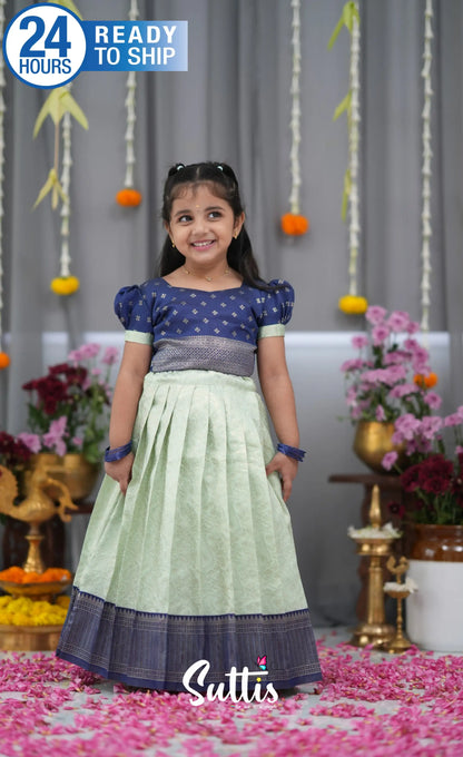 Blended Silk Croptop &amp; Skirt Pastel Blue and Dark Blue Kids Suttis