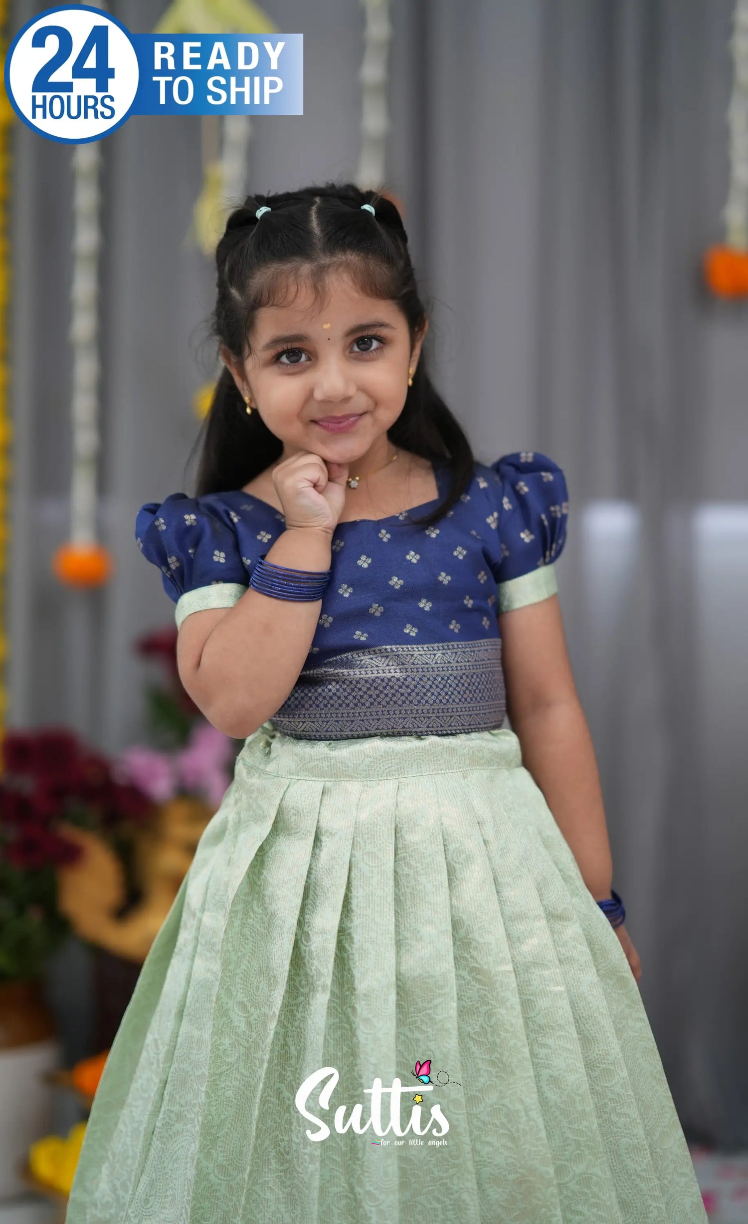 Blended Silk Croptop &amp; Skirt Pastel Blue and Dark Blue Kids Suttis