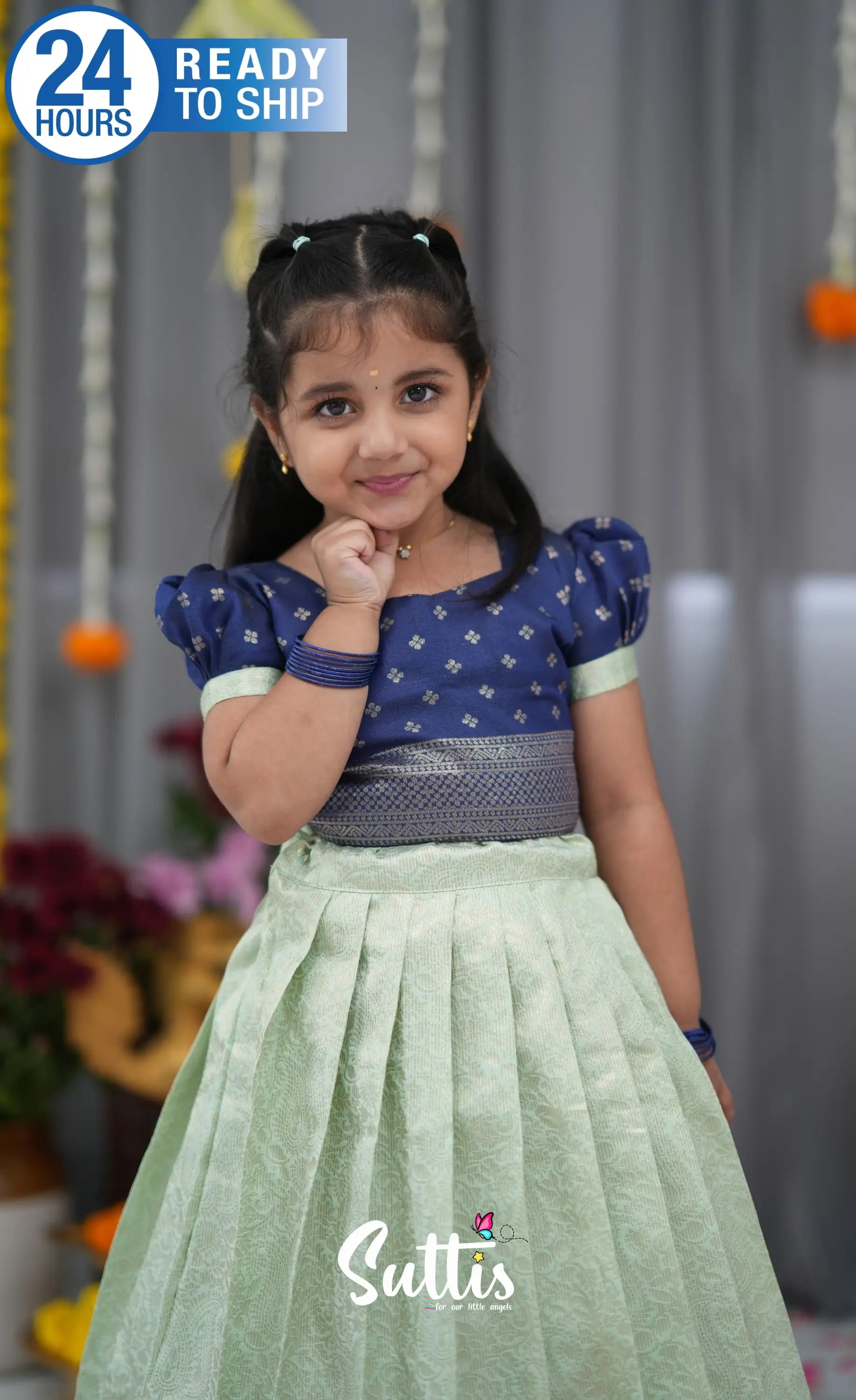 Blended Silk Croptop &amp; Skirt Pastel Blue and Dark Blue Kids Suttis