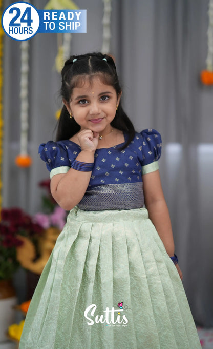 Blended Silk Croptop &amp; Skirt Pastel Blue and Dark Blue Kids Suttis