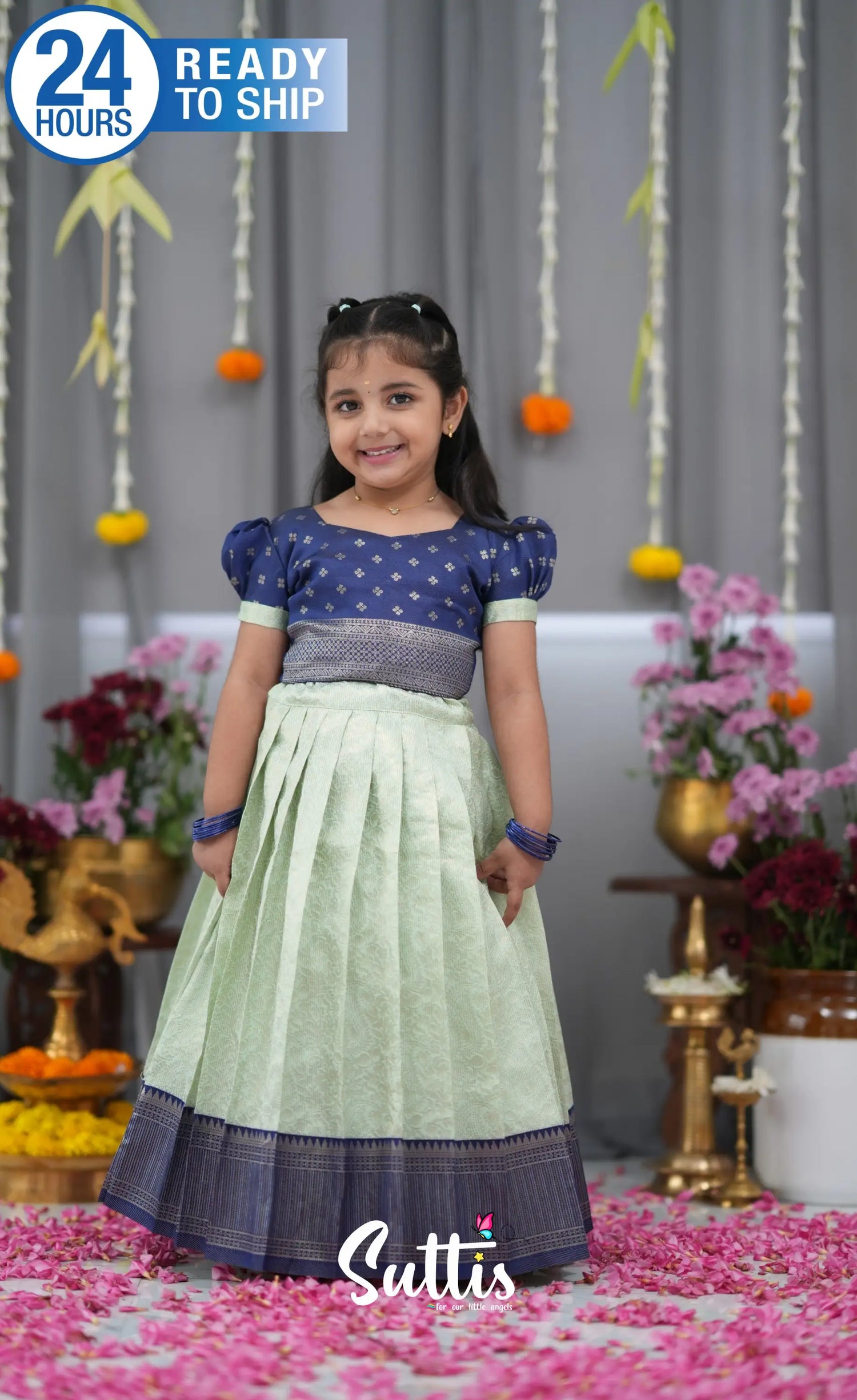 Blended Silk Croptop &amp; Skirt Pastel Blue and Dark Blue Kids Suttis