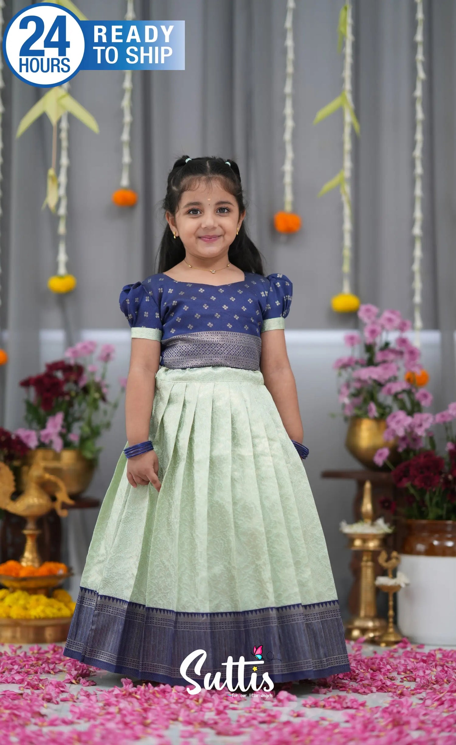 Blended Silk Croptop &amp; Skirt Pastel Blue and Dark Blue Kids Suttis