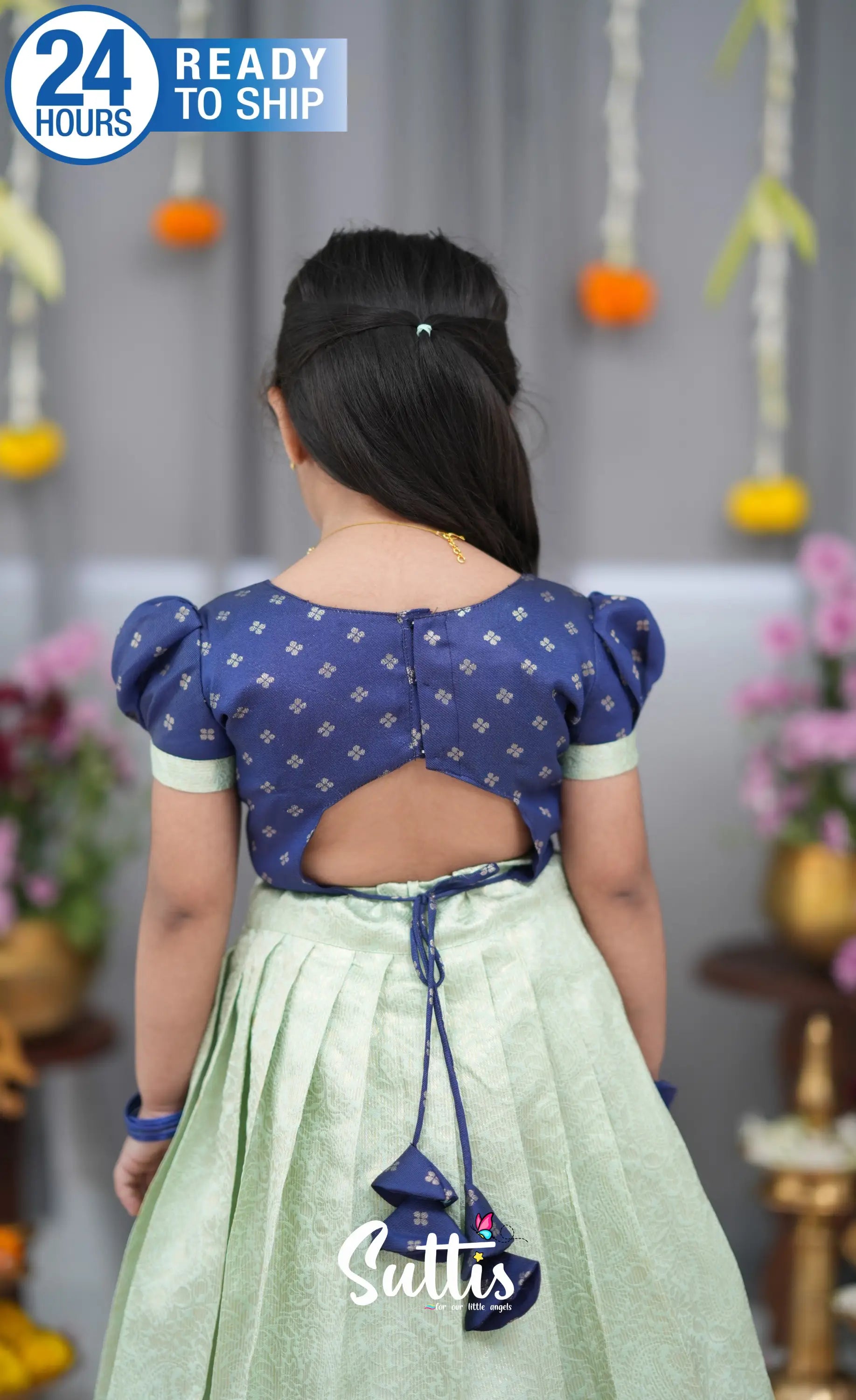 Blended Silk Croptop &amp; Skirt Pastel Blue and Dark Blue Kids Suttis