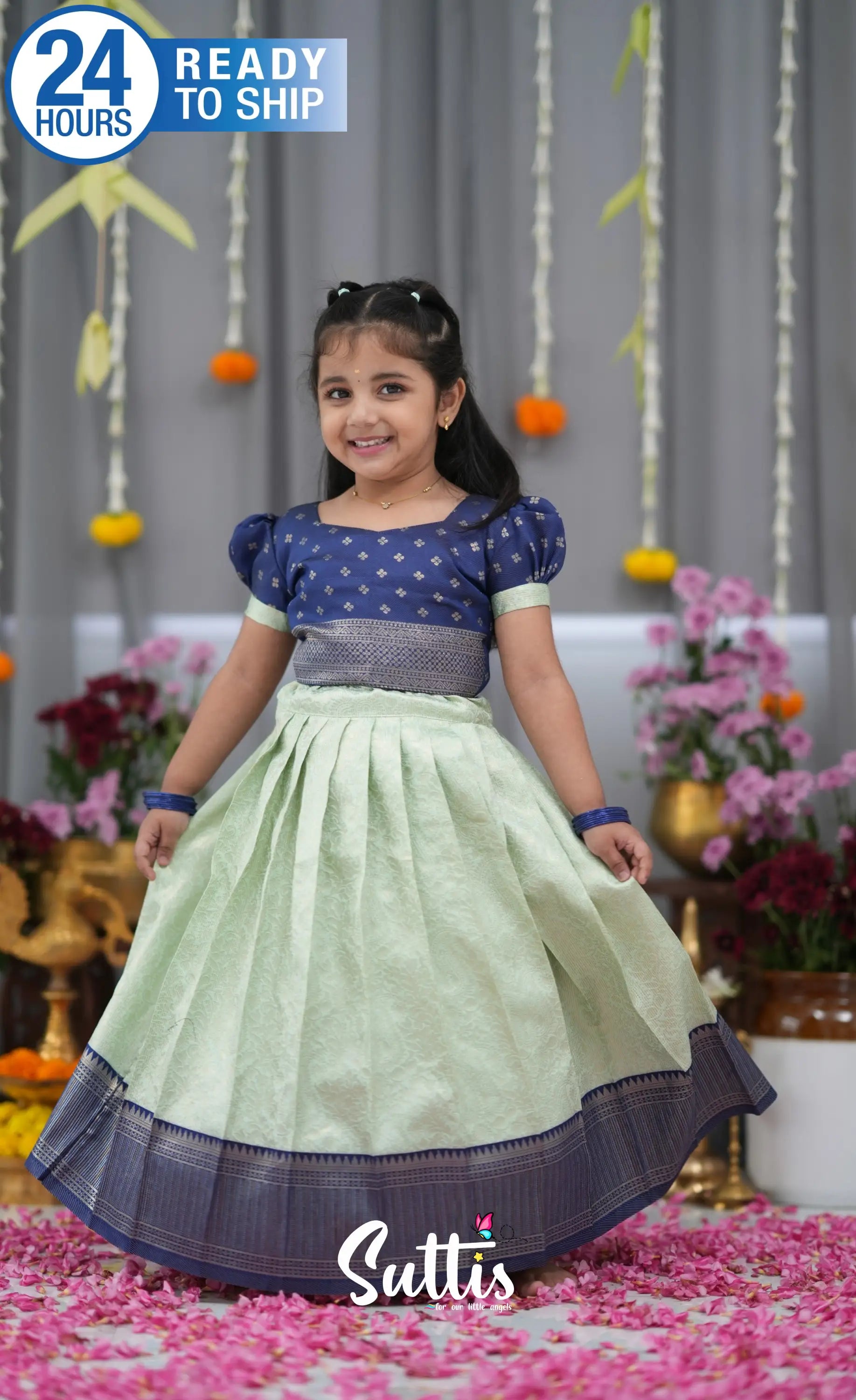 Blended Silk Croptop &amp; Skirt Pastel Blue and Dark Blue Kids Suttis