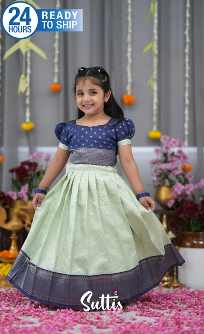 Blended Silk Croptop &amp; Skirt Pastel Blue and Dark Blue Kids Suttis