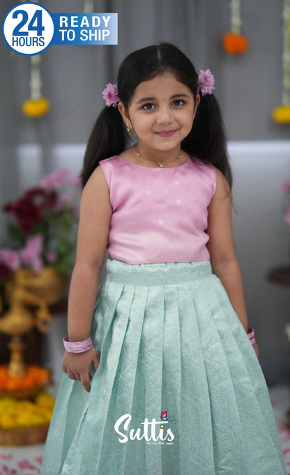 Blended Silk Croptop &amp; Skirt Sky Blue and Baby Pink Kids Suttis