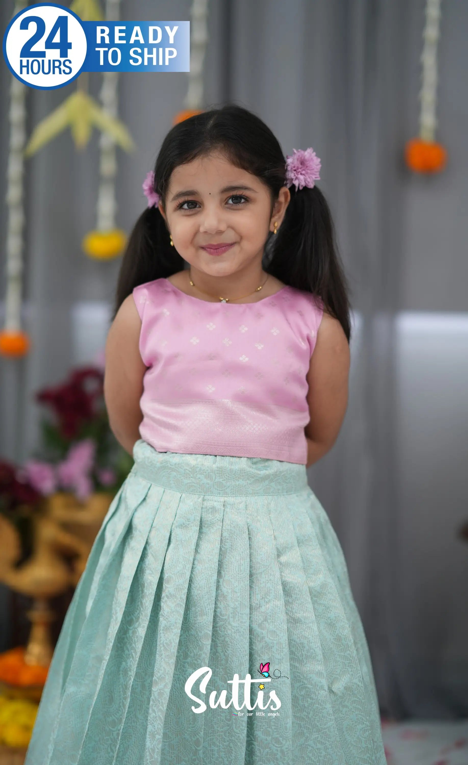 Blended Silk Croptop &amp; Skirt Sky Blue and Baby Pink Kids Suttis