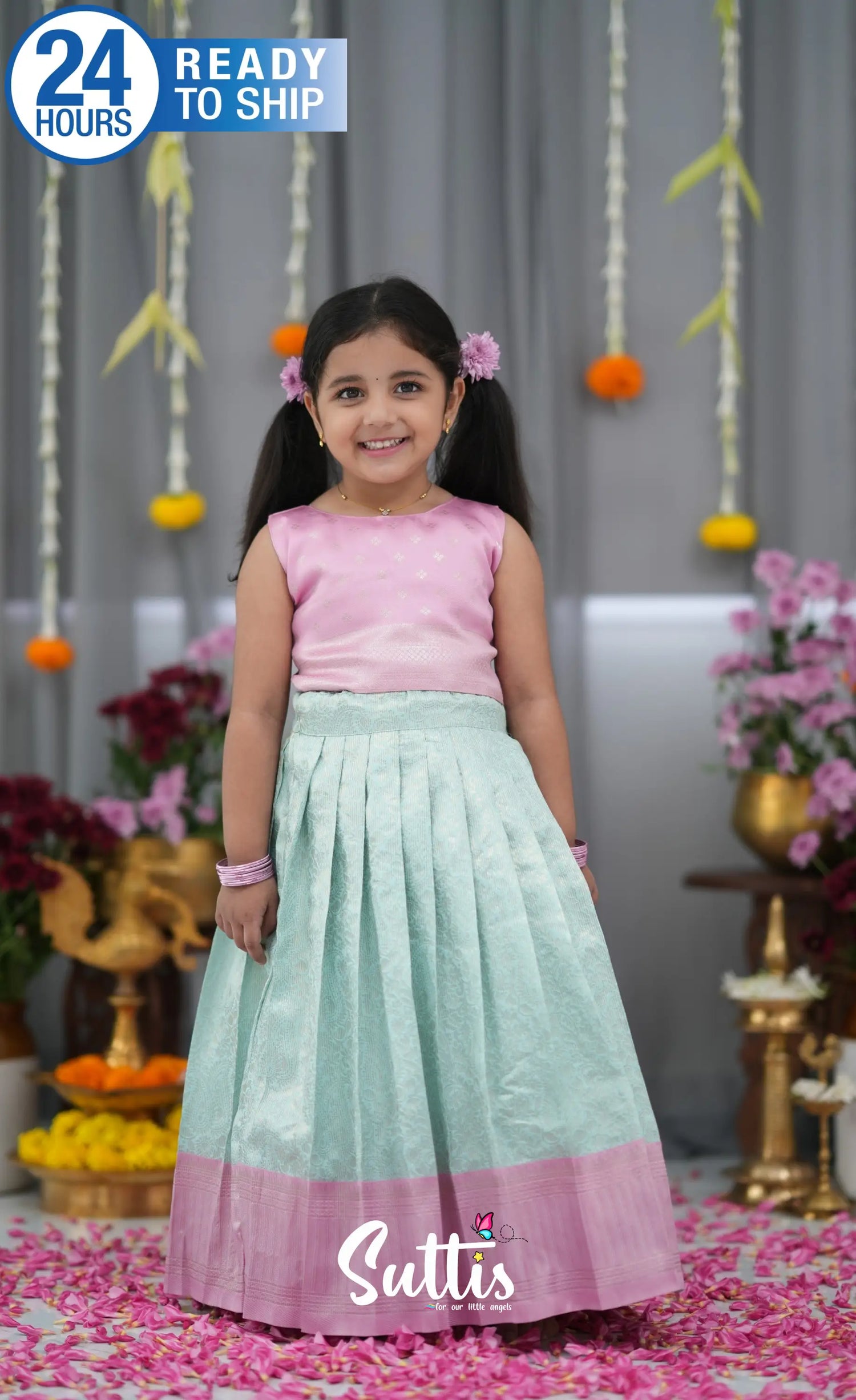 Blended Silk Croptop &amp; Skirt Sky Blue and Baby Pink Kids Suttis