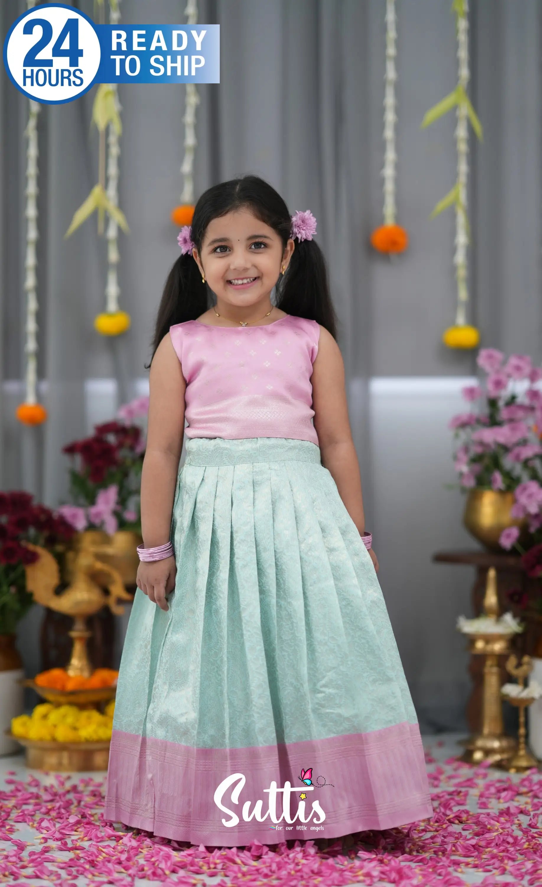 Blended Silk Croptop &amp; Skirt Sky Blue and Baby Pink Kids Suttis