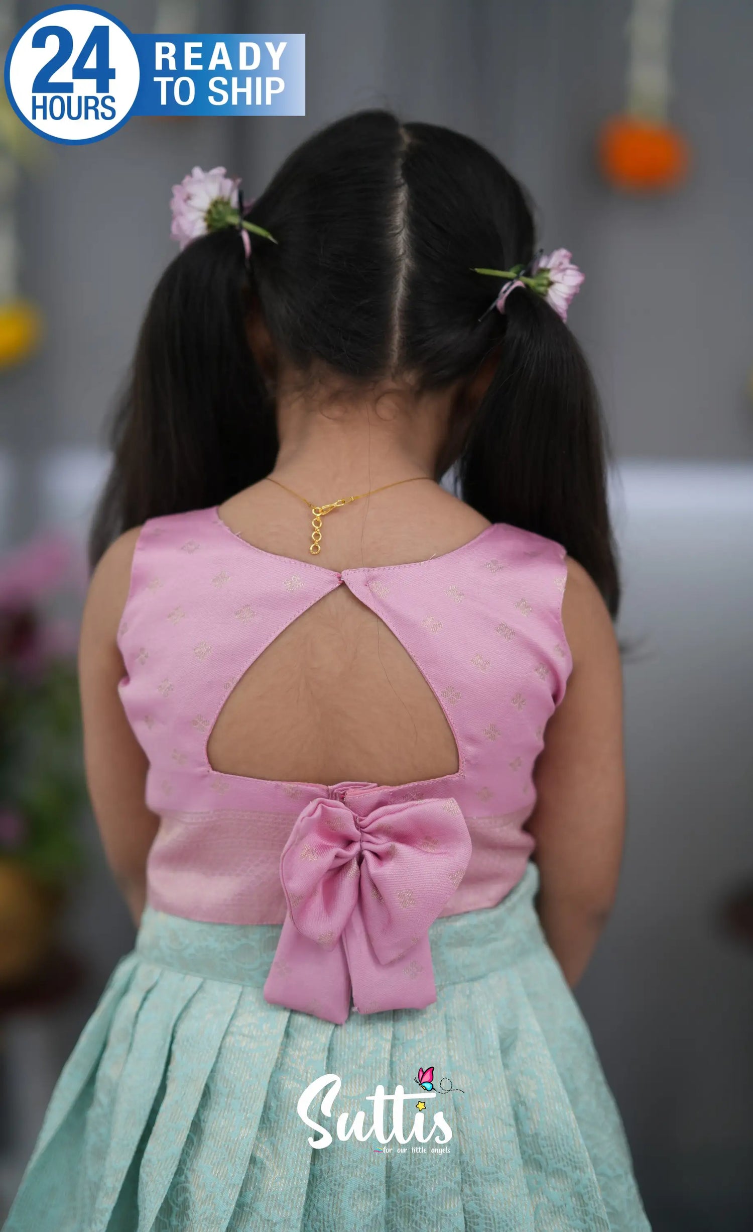 Blended Silk Croptop &amp; Skirt Sky Blue and Baby Pink Kids Suttis