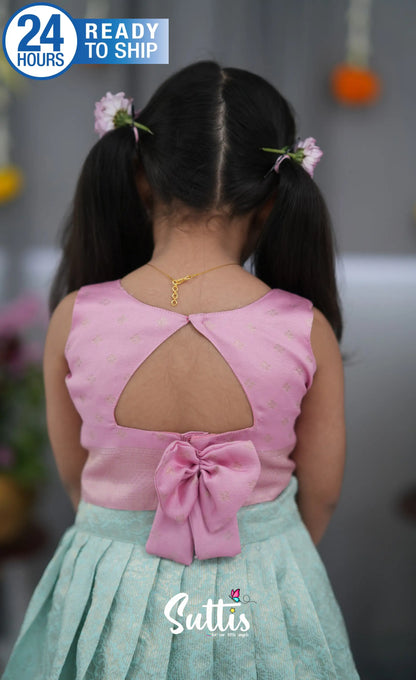 Blended Silk Croptop &amp; Skirt Sky Blue and Baby Pink Kids Suttis